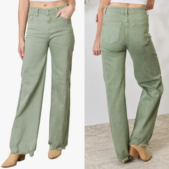 RISEN NEW Women's 1XL Olive High Rise Wide Leg Distressed Raw Hem Denim Jeans - Picture 1 of 12